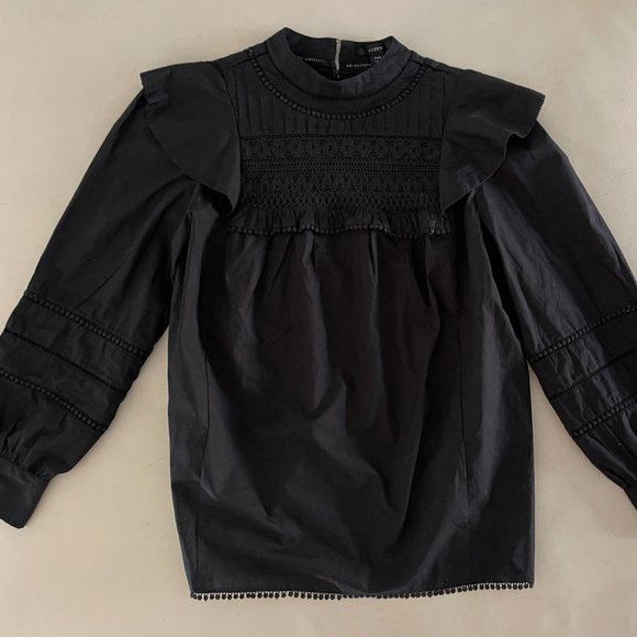 ❤️ J. CREW BLACK PEASANT BLOUSE TOP HIGH NECK CROCHET BALLOON SLEEVES BOHO SHIRT - Picture 4 of 12